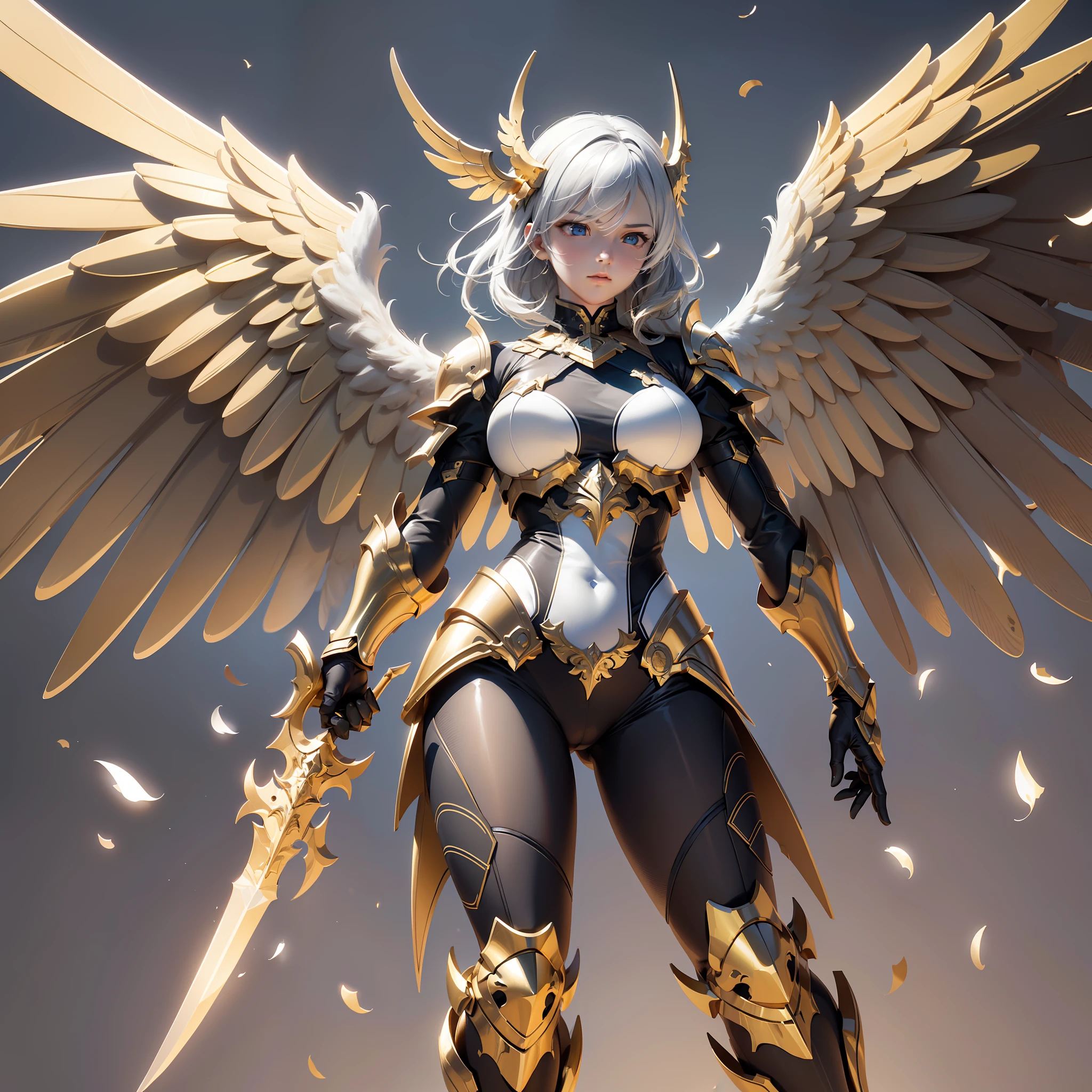 An angel warrior, (with a pair of golden wings on the back), ((metal wings)), (full body photo: 1.5), ((golden armor)), high detail, (beautiful face), perfect facial features, golden hair, golden sword, indifferent, arrogant, invincible, atmospheric, macro, realistic, HDR (high dynamic range), ray tracing, NVIDIA RTX, super resolution, Unreal 5, subsurface scattering, post-processing, anisotropic filtering, depth of field, maximum sharpness and sharpness, Albedo and Specular maps, Surface shading, Accurate simulation of light-material interactions, Perfect Proportions, Octane Render, Two-tone illumination, Large aperture, Low ISO, White Balance, Rule of Thirds, 8K RAW, High Performance Sub-Pixel, Subpixel Convolution,