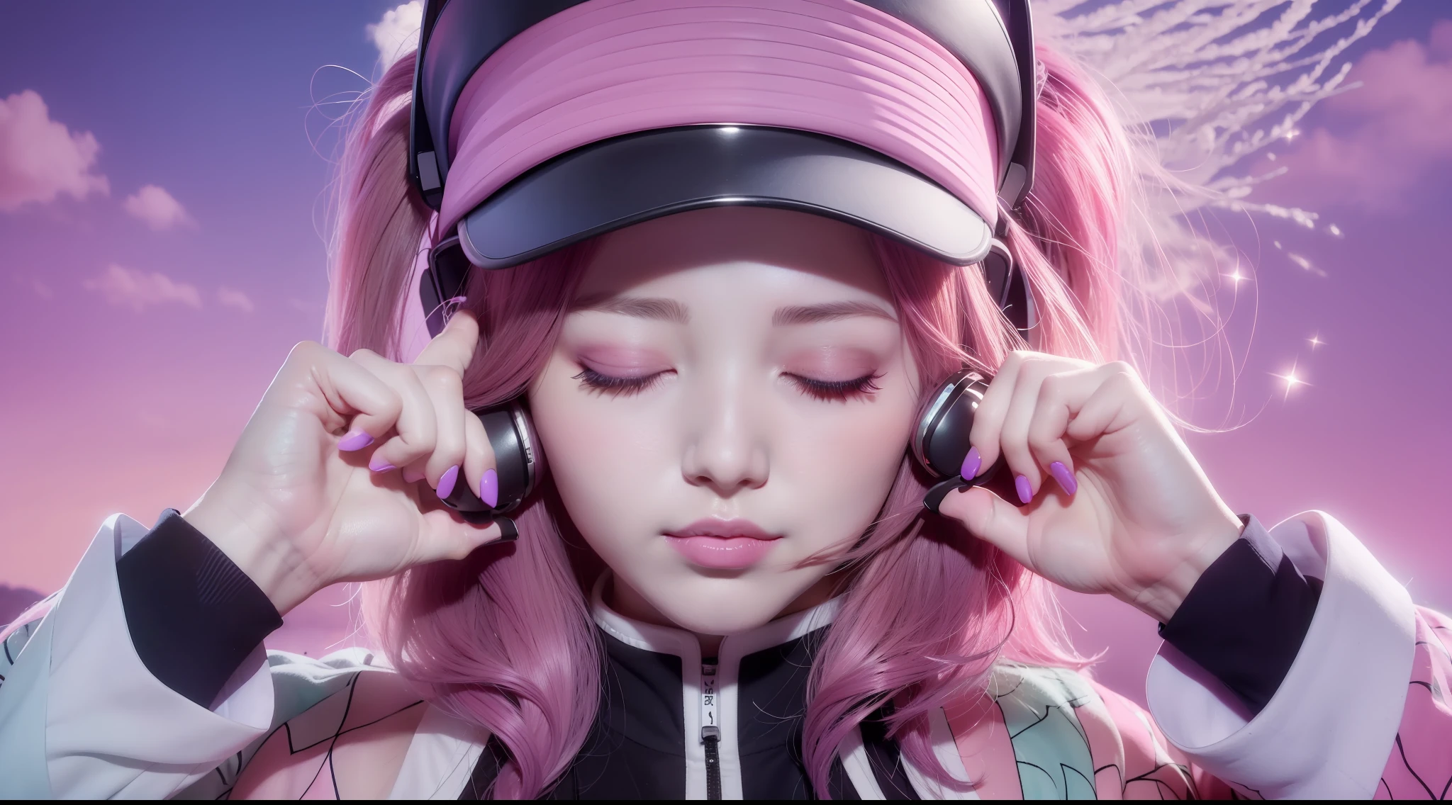 Woman with peace sense headset, closed eyes, beautiful face, RGB colors, anime pink hair, banner for youtube video, happy girl, clouds with RGB colors., bright RGB colors.