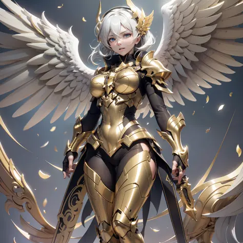 An angel warrior, (with a pair of golden wings on the back), ((metal wings)), (full body photo: 1.5), ((golden armor)), high det...