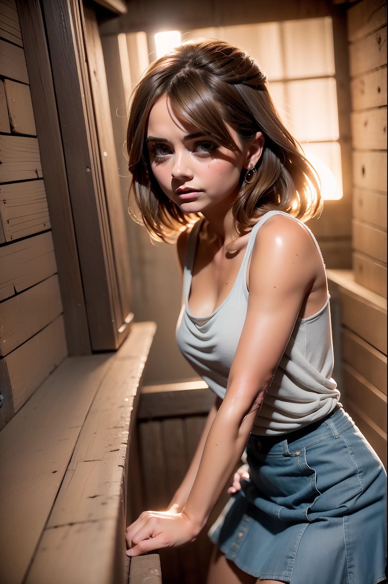 ((Jenna Coleman)), (very slender figure), frightened in the hayloft, big haystack, helpless, ((sad)), sad big eyes, (((tears in the eyes))), (shy), ((arms behind the butt)), (small head), ((extremely torn tank top)), (gray soiled tank top), (short tank top), (soiled skirt), ((extremely torn skirt)), ((short skirt)), (covered by dirt), ((detailed realistic face and eyes)), cinematic lighting, 8K resolution, (model shooting style)