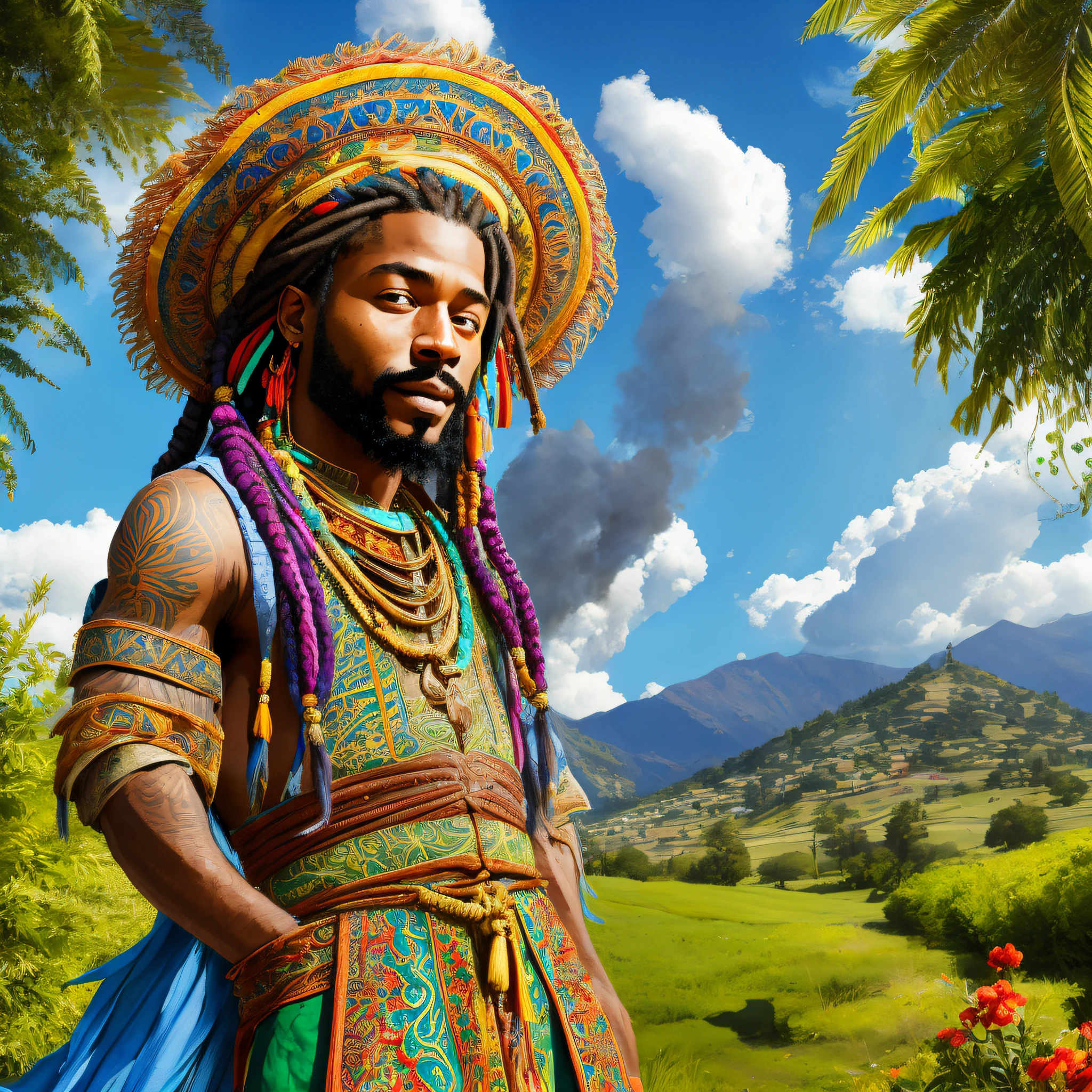 At the cannabis plantation, under a clear and sunny blue sky, a medieval Rastafari is standing. He wears typical clothes of the time, with vibrant colors and lush fabrics. Her hair is braided into long dreadlocks and festooned with colorful feathers. --auto --s2