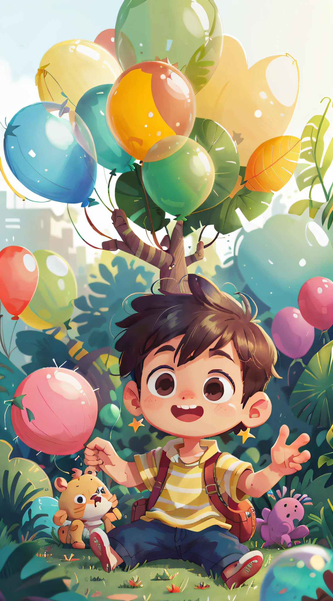 A boy, zoo, many balloons, happy, happy, perfect quality, clear focus (clutter - home: 0.8), (masterpiece: 1.2) (realistic: 1.2) (bokeh) (best quality) (detailed skin: 1.3) (intricate details) (8K) (detail eyes) (sharp focus), (happy)