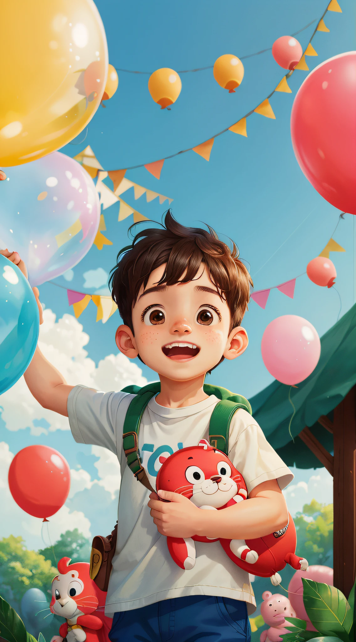 A boy, zoo, many balloons, happy, happy, perfect quality, clear focus (clutter - home: 0.8), (masterpiece: 1.2) (realistic: 1.2) (bokeh) (best quality) (detailed skin: 1.3) (intricate details) (8K) (detail eyes) (sharp focus), (happy)