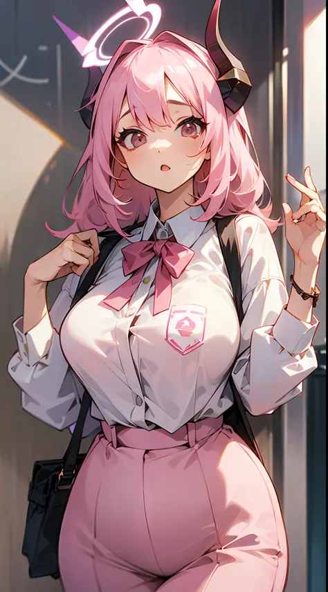 ((Masterpiece, Best)), (1girl), ((Trendy Girl)), Light Pink Hair, Halo, Horn, ((Office Lady)), Bangs, Mid-breasted, (Plump), Slim, Colorful Hair Color, Trendy Clothing, Street Culture
