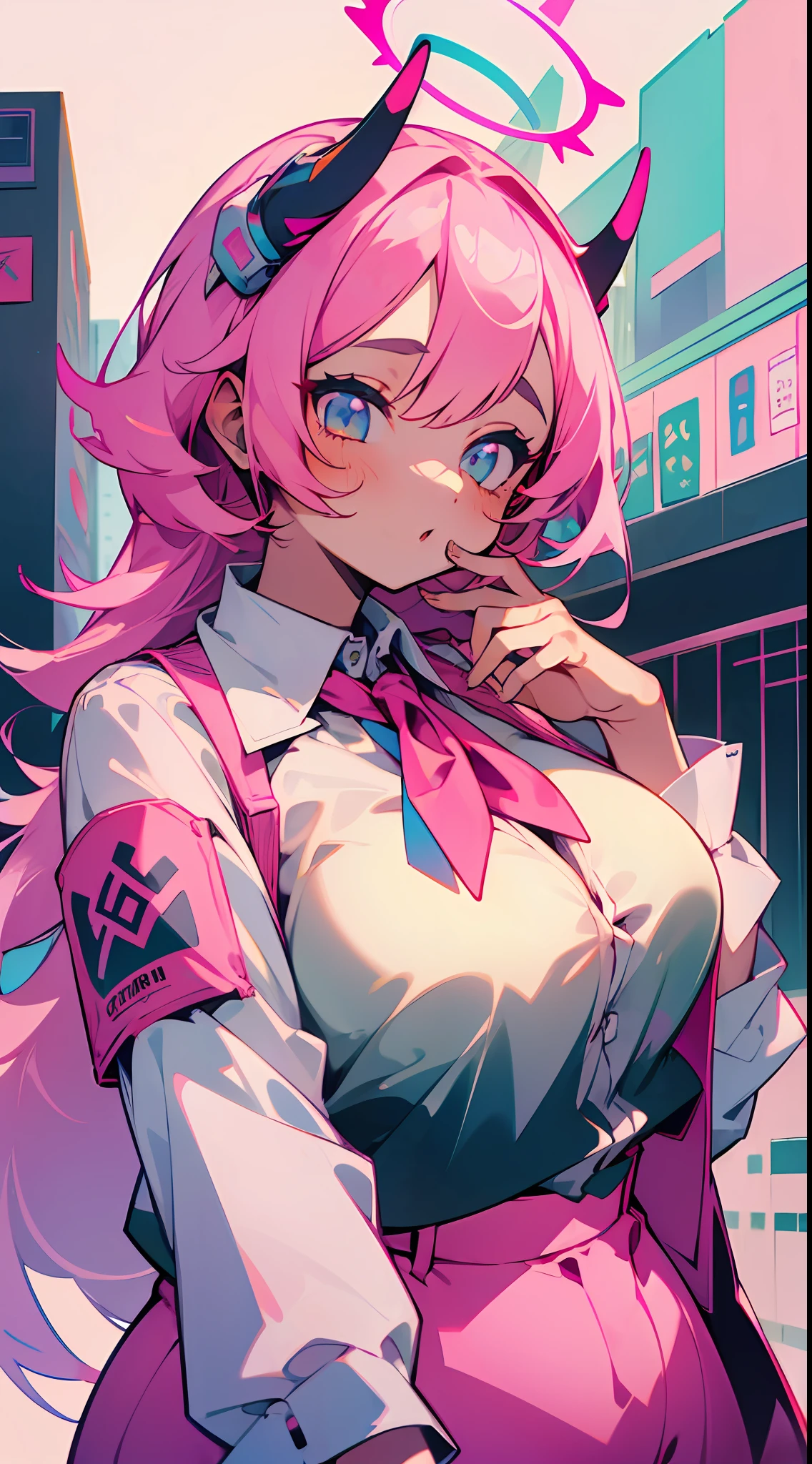 ((Masterpiece, Best)), (1girl), ((Trendy Girl)), Light Pink Hair, Halo, Horn, ((Office Lady)), Bangs, Mid-breasted, (Plump), Slim, Colorful Hair Color, Trendy Clothing, Street Culture