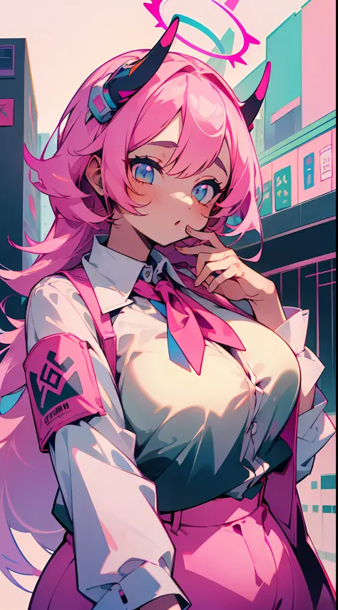 ((Masterpiece, Best)), (1girl), ((Trendy Girl)), Light Pink Hair, Halo, Horn, ((Office Lady)), Bangs, Mid-breasted, (Plump), Sli...