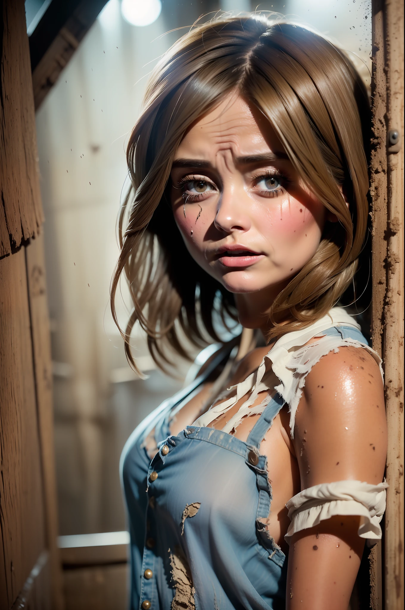 ((Jenna Coleman)), (very slender figure), frightened in the hayloft, big haystack,
helpless, ((sad)), (((tears in the eyes))), ((arms behind the buttocks)), (small head), ((small_breast))
(She wears only a very long white shirt), (dirty shirt), (((torn shirt))), ((covered with dirt)),
((detailed realistic face and eyes)), cinematic lighting, 8K resolution