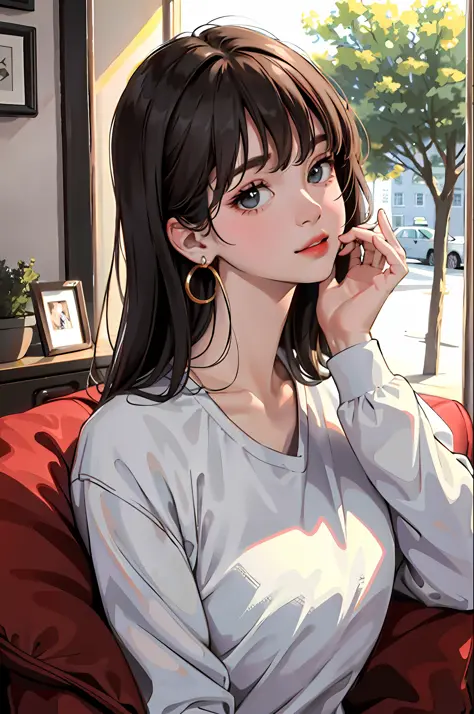 (masterpiece:1.2, best quality), (real picture, intricate details), solo, 1milf, home, close-up face, shirt, (front focus), large round earrings, Looking at me, bangs