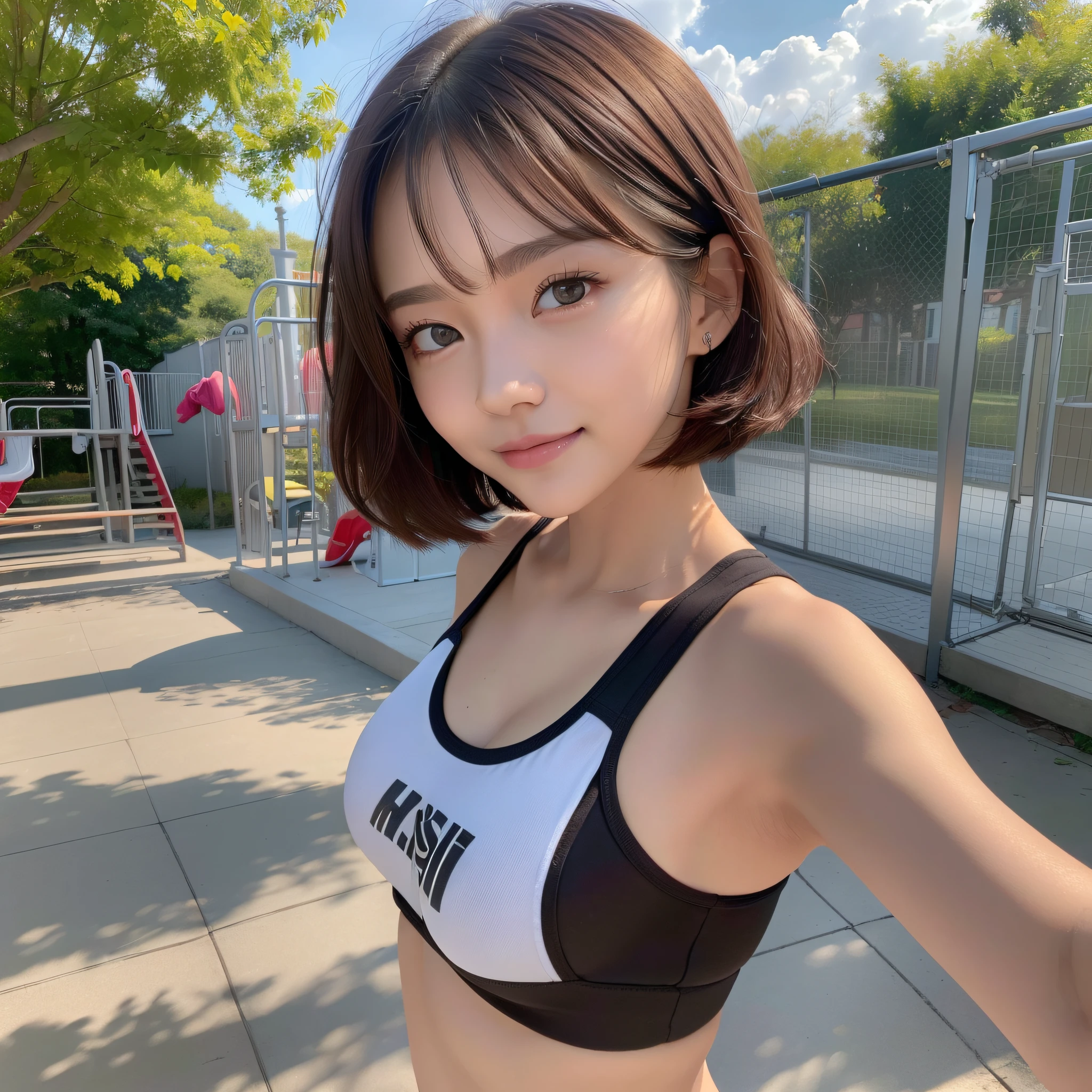 ((Top Quality, 8K, Masterpiece: 1.3)), 1 Girl, Slim, Brown Hair, Medium Bob, Big: 1.2, Gym Clothes, Bloomers, (Ultra Slender Face, Delicate Eyes, Double Eyelids, Smile: 1.0), Playground, (Nipple Slip: 1.3)