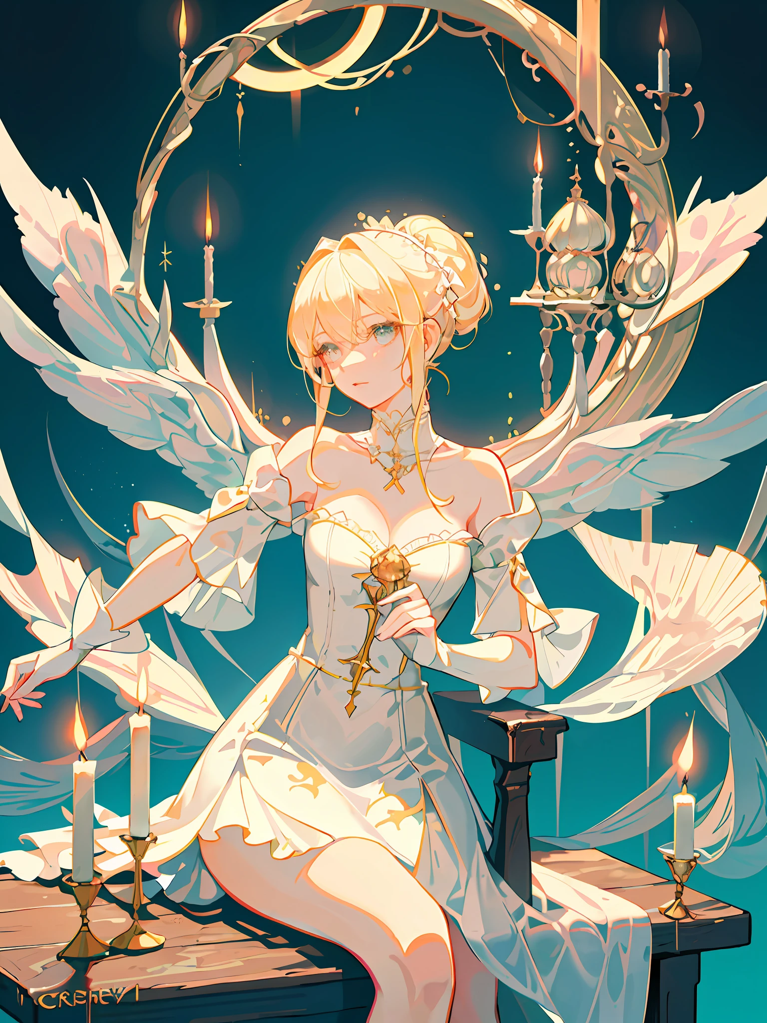 HD4k,masterpiece,best quality),blond haired woman in white dress sitting at table with candles, ethereal fairytale, fairycore, dreamy aesthetic, very magical and dreamy, dreamy and ethereal, ethereal and dreamy, glowing aesthetic, lofi girl aesthetic, fantasy aesthetic!, ❤🔥🍄🌪