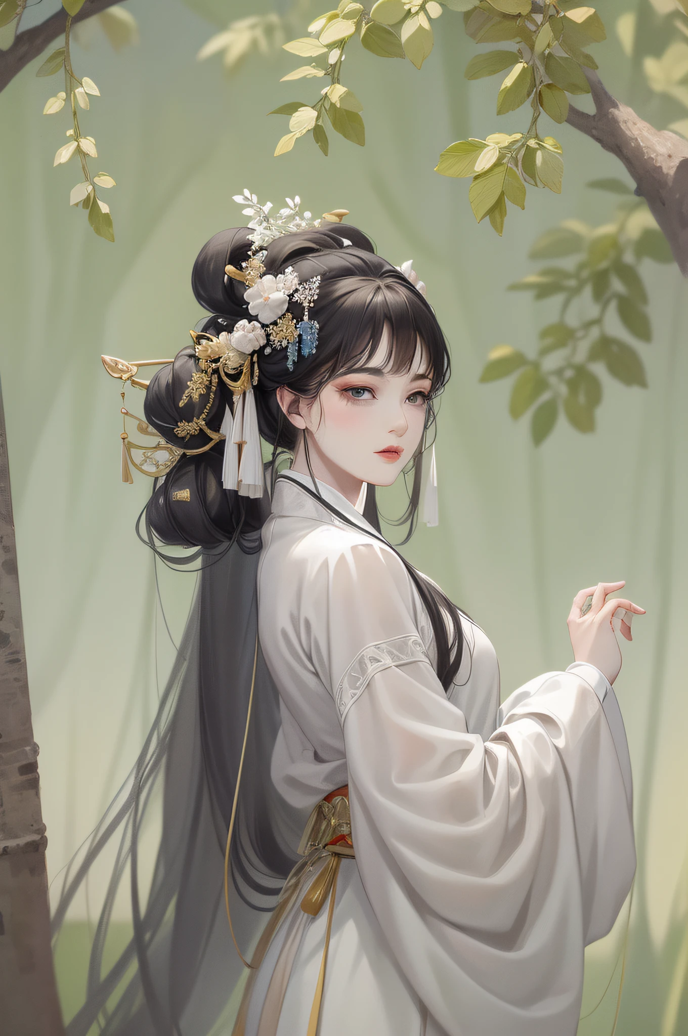 A beautiful girl in ancient China, cold temperament, gray-white clothes, flowing clothes, loose, Song dynasty clothes, gray-white, long black hair, hairpins, huge willow trees, farmland, fields, standing under trees, sunshine, clear face, masterpiece, ultra-detailed, epic composition, high quality, highest quality, main colors: light green, gray. Background: lots of light green, off-white background, simple elements. Bust, back, figure on the left, person on the left. White space on the right and white space on the right. If you can't see your hands, don't see them.