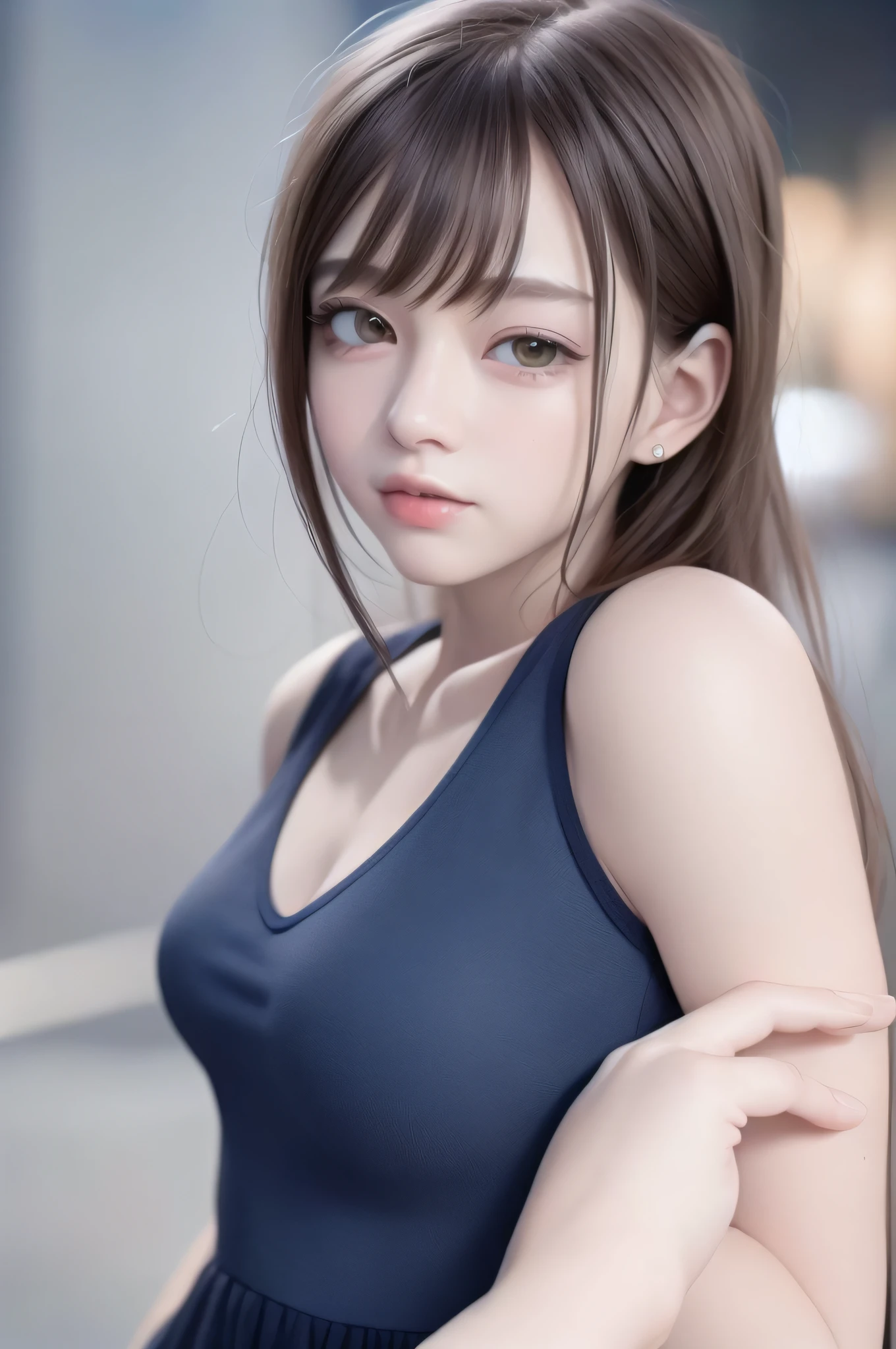 8 head body, bust up, upper body, anime girl with short hair and blue dress, posing for photo, photorealistic anime girl rendering, realistic anime 3d style, smooth anime CG art, [4k photorealism]!, photorealistic anime, soft portrait shot 8k, [4k photorealism]!, 8k portrait rendering, anime realism style, 3d anime realistic, cute realistic portrait