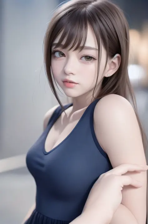 8 head body, bust up, upper body, anime girl with short hair and blue dress, posing for photo, photorealistic anime girl renderi...