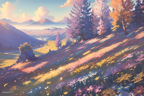 (high quality, masterpiece) "Painting rainbow", vibrant colors, (fantasy scenery), bright sun, (colorful flowers:1.2), blue skies, green grass, magical atmosphere.