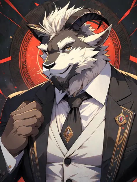 there is a huge muscular old man ((furry goat)) in a suit and a goat in a suit, epic and classy portrait, commission for high re...