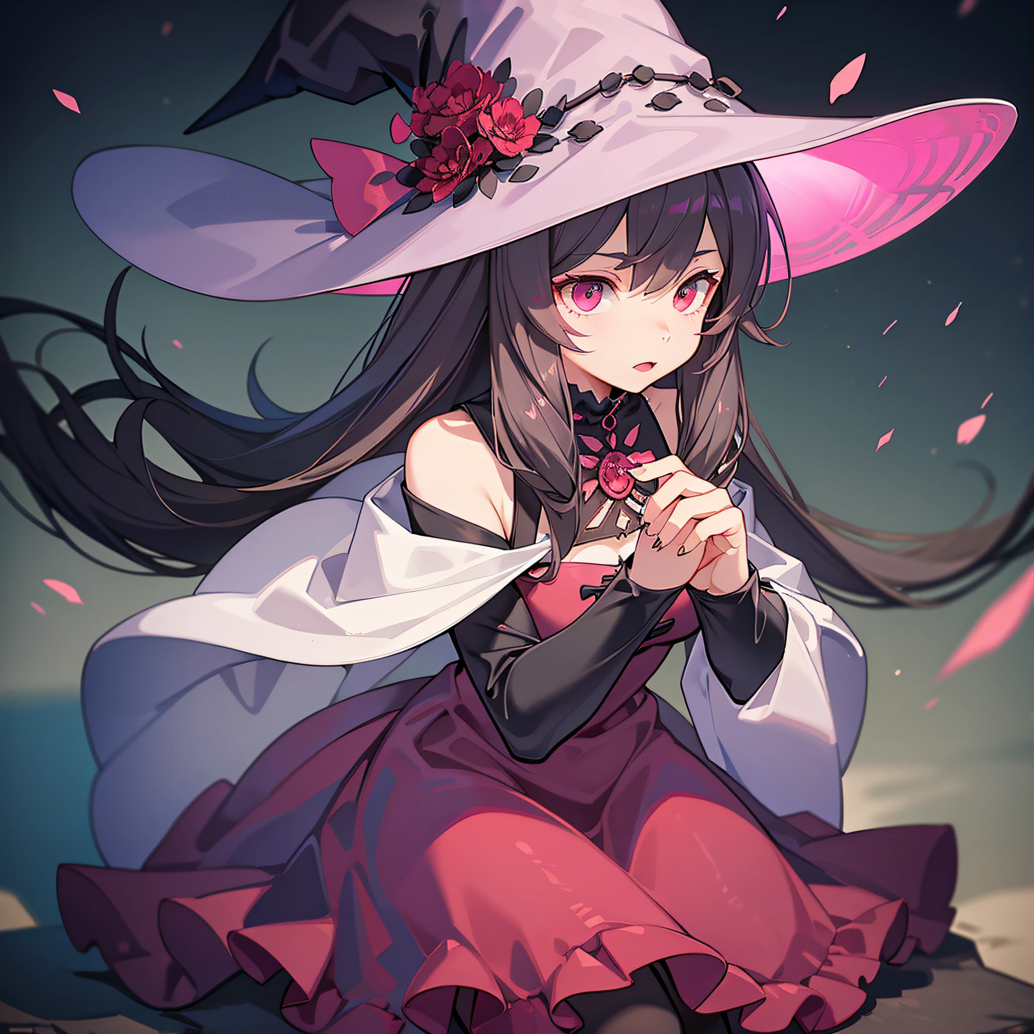 furry Witch, Carnation pink colors, witch hat, witch outfit, dark grey room splattered with crimson and streaks of light-grey, masterpiece, best quality