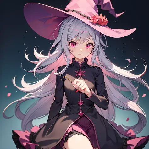 furry Witch, Carnation pink colors, witch hat, witch outfit, dark grey room splattered with crimson and streaks of light-grey, m...