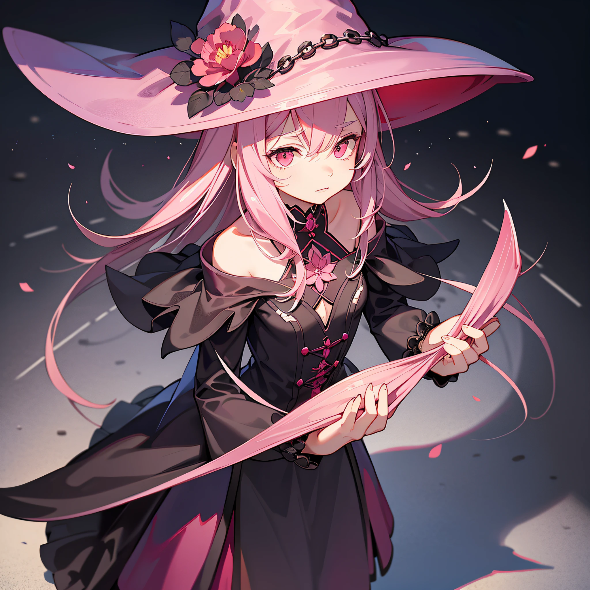 furry Witch, Carnation pink colors, witch hat, witch outfit, dark grey room splattered with crimson and streaks of light-grey, masterpiece, best quality