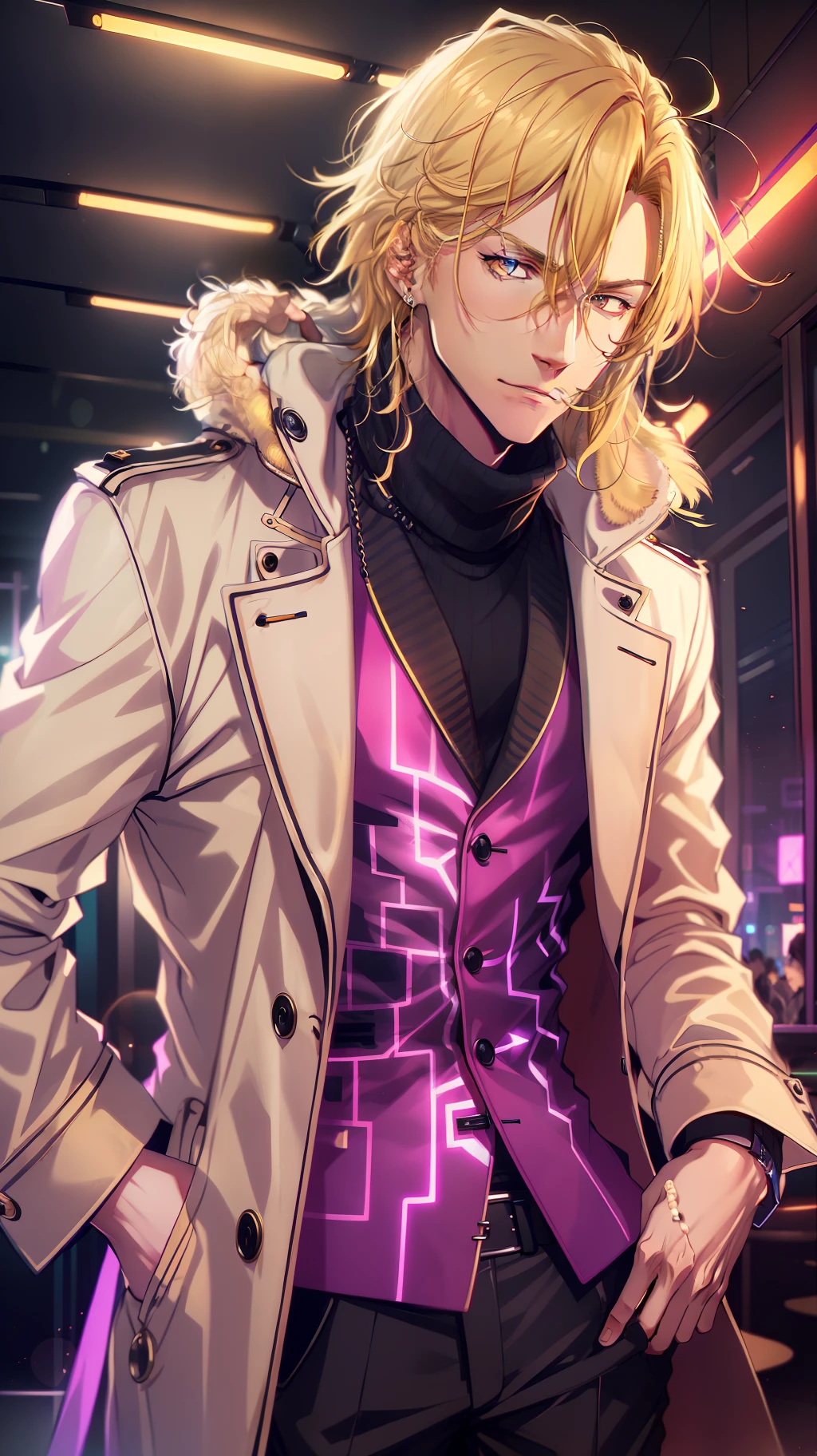 (best quality), a strikingly handsome (blonde man:1.2) in a (trench coat) and (scarf:0.9), (in a nightclub),(vivid colorful neon lights: 1.1), alluring atmosphere.
