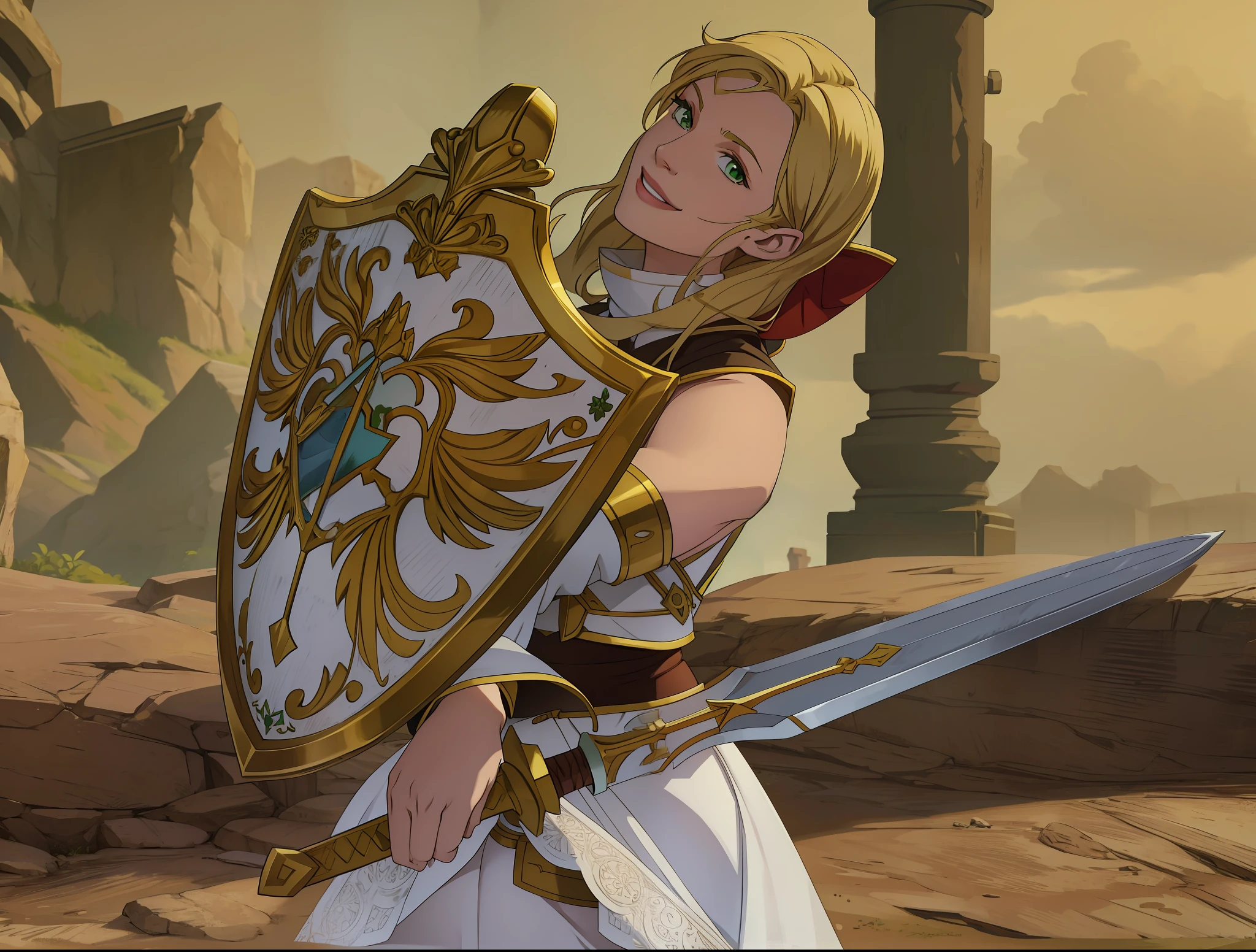 Cute girl, blonde, green eyes, smiliing, holdind sword and shield, white robes