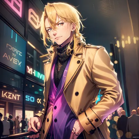 (best quality), a strikingly handsome (blonde man:1.2) in a (trench coat) and (scarf:0.9), (in a nightclub),(vivid colorful neon...