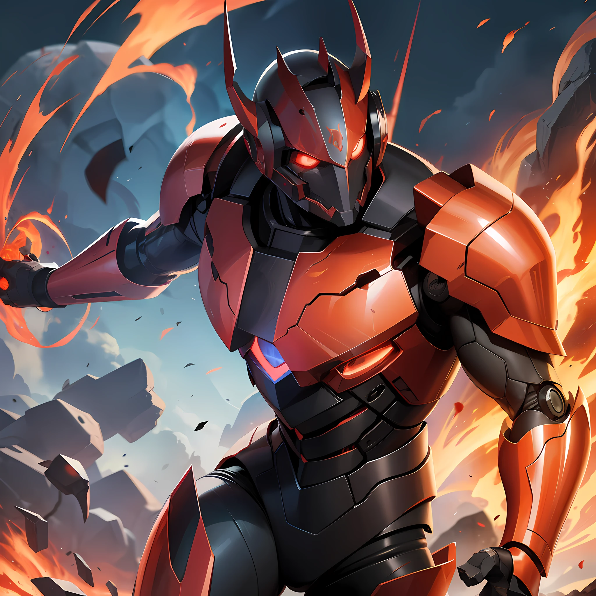 "A male android robot with a demon mask in its mouth releasing lava, in an environment with a red aura. It has a giant sword on its shoulder, in a pose running very fast, traces of sleeve