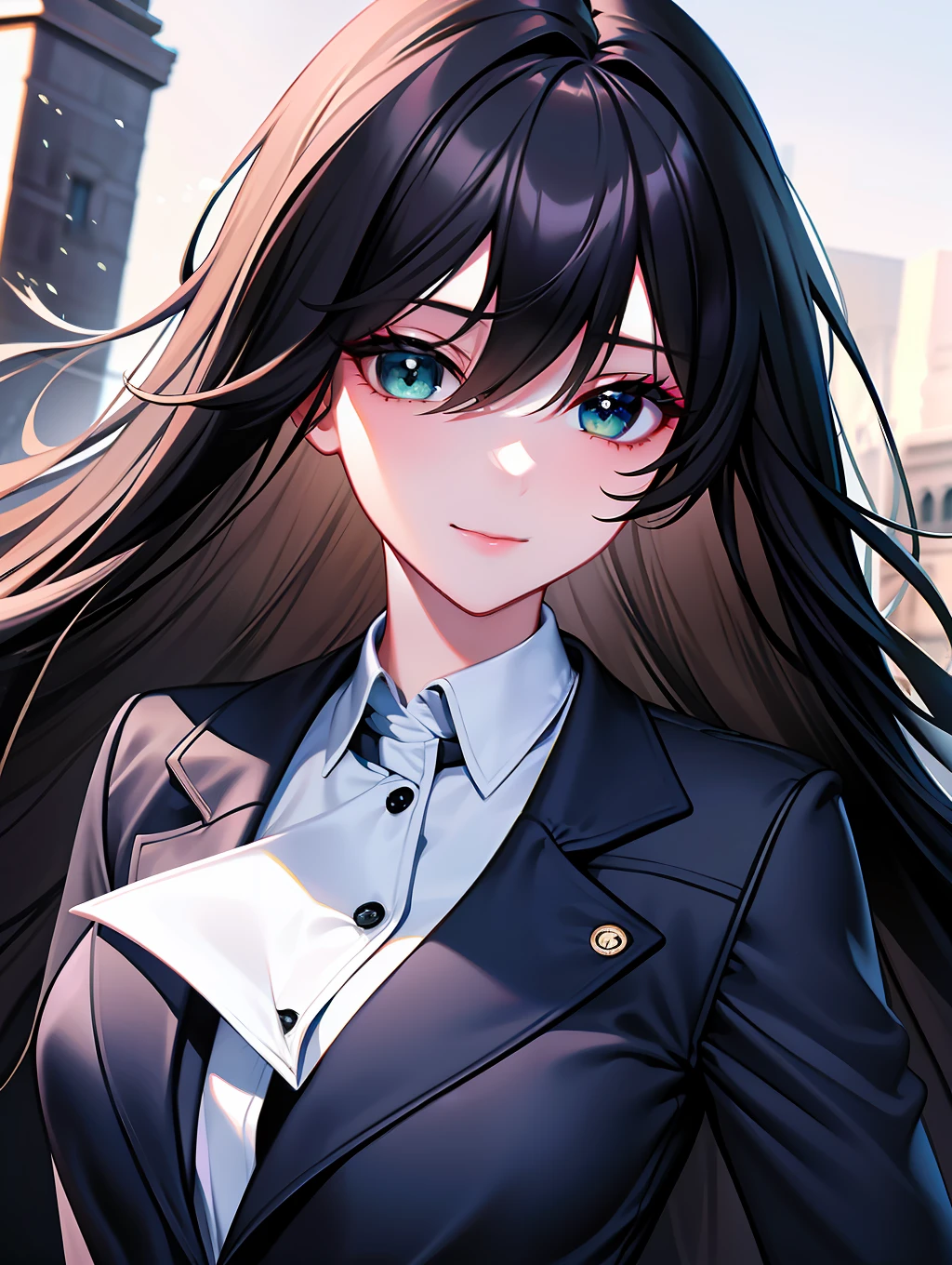 Anime girl with long black hair and blue eyes in a city - SeaArt AI