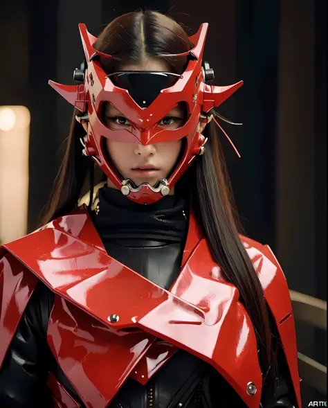 1 japanese girl , red oni mask,  Katana, silver long hair, night, dark, dim light  cyberpunk , eye shield, glowing eyes, glowing...