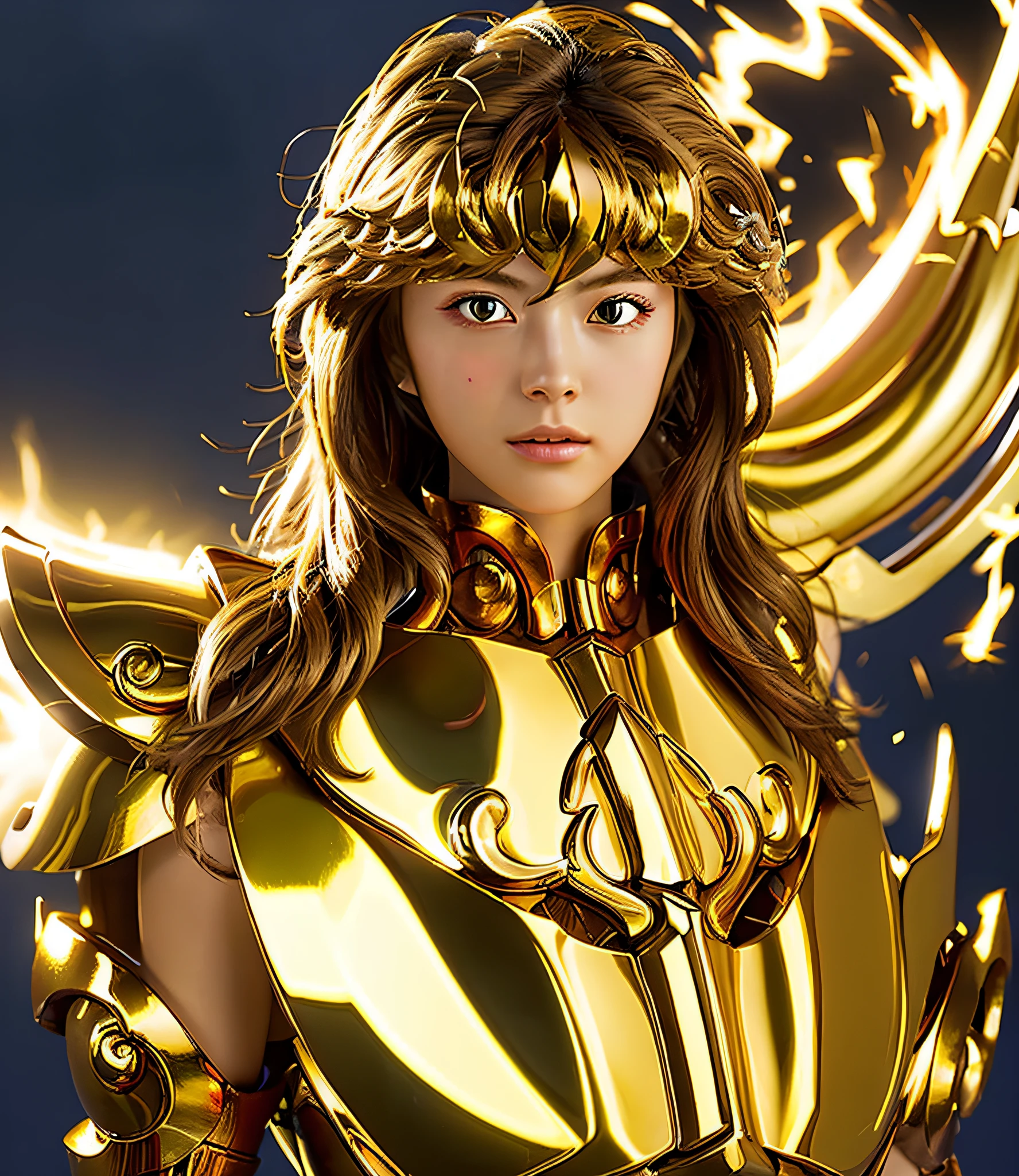 (杰作), (最好的质量), (1 名女孩), 身穿黄金铠甲的少女的超精细面部细节, 很酷的姿势, 战场背景, 火背景, 圣斗士星矢铠甲, 凌乱的头发
