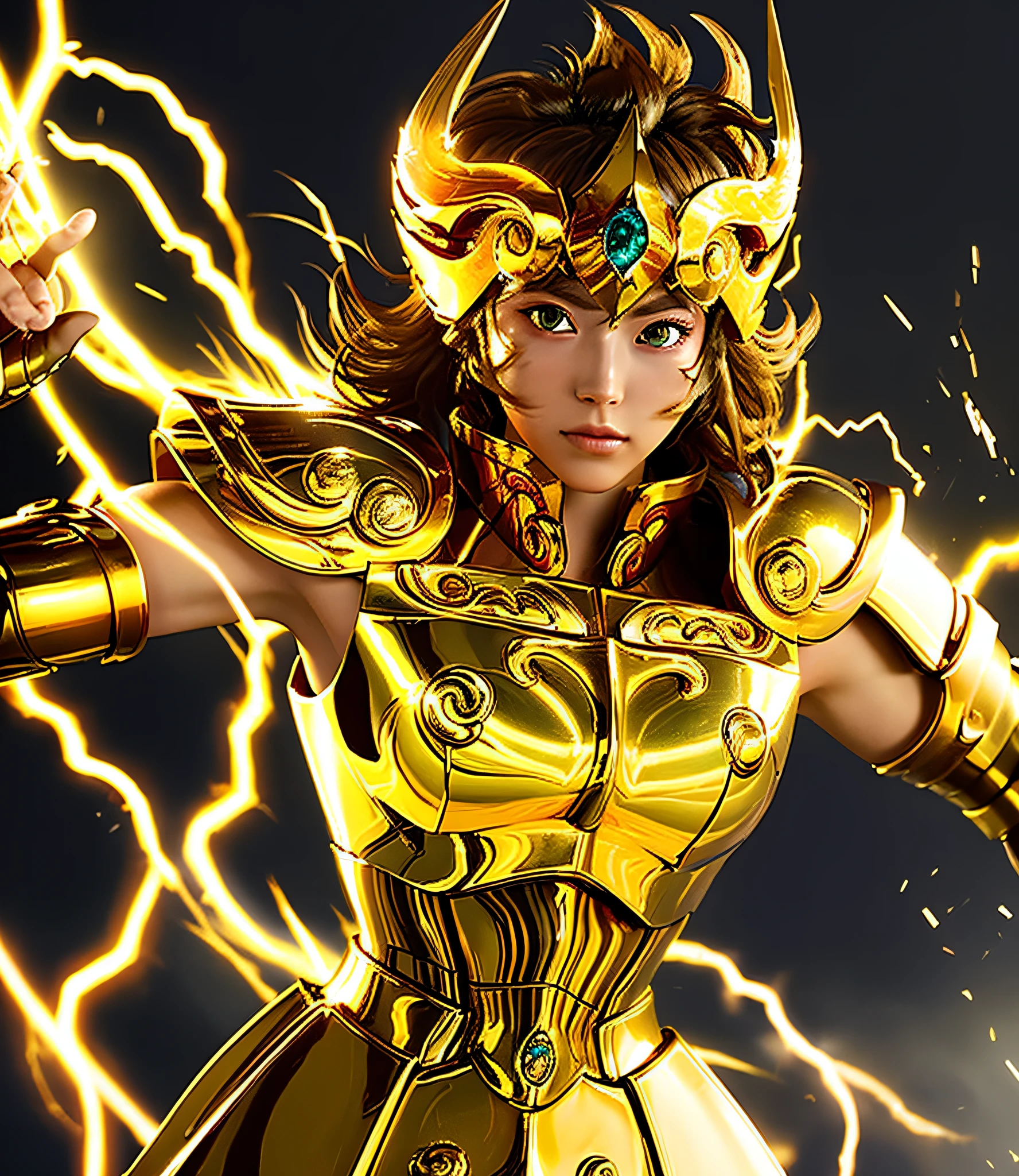 (Obra maestra), (mejor calidad), (1 chica), Detalles faciales súper detallados para Girl in Golden Armor, Pose genial, Fondo del campo de batalla, fondo de fuego, Armadura de Saint Seiya, pelo despeinado