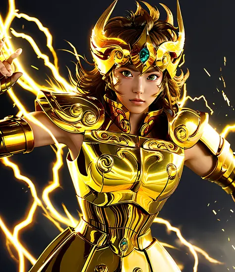 (Masterpiece), (Best Quality), (1 Girl), Super Detailed Facial Details for Girl in Golden Armor, Cool Pose, Battlefield Background, Fire Background, Saint Seiya Armor, Messy Hair