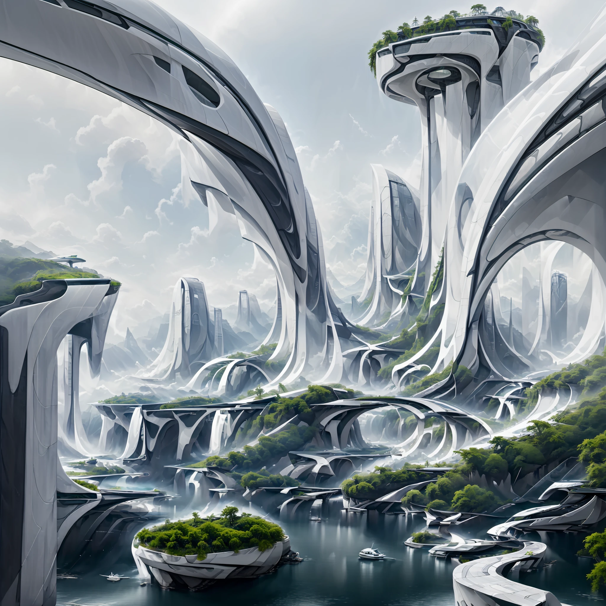 Airbrush drawing --v 5.1 style Futuristic design of an awesome sunny day environment concept art on a futuristic terrain with huge waterfalls,streams, mangroves,nature architecture, proportional,detailed,bright clouds, nature meets futuristic architecture by Santiago Calatrava and Vincent Callebaut with futuristic development, high rise made up staircases, balconies, full of composite glass facades, residential spaces carved from cliff side ,trending on artstation, beautiful lighting,In the style , fantasy, intricate, award winning, 4k, highest quality