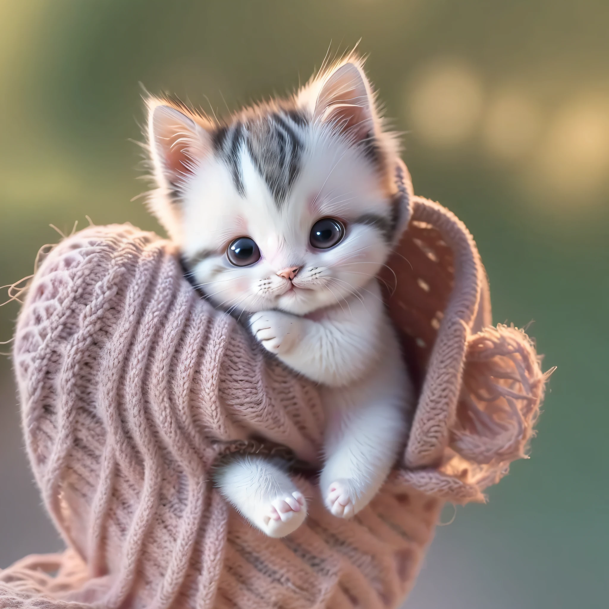 a small kitten sitting on a person's hand, Miniature kittens, animal focus, whiskers, looking at viewer, realistic, pov hands, blurry background