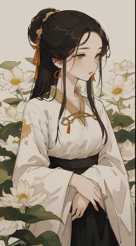 a girl, ancient chinese clothing, full body, sunlight, clear face, clean white background flowers, masterpiece, super detail, ep...