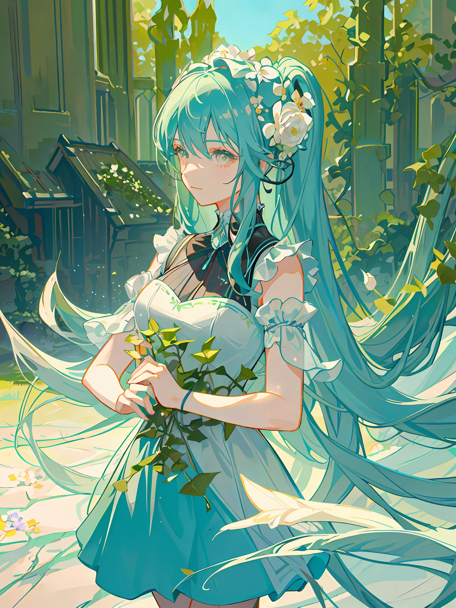 HD4k,masterpiece,best quality),there is a woman with long hair holding a branch of a plant, with ivy,in style of petra collins,  , with  flowers(slate color) around her, amidst nature, with flowers