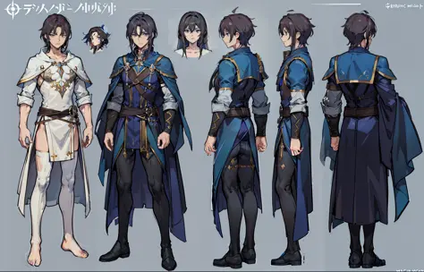 1man, reference sheet, (fantasy character design, front, back, side) manly, mage, magic user, broad shoulders, tall, lean athletic build. magical blue eyes, lengthy dark brown hair, neatly kept. flowing runic robes.