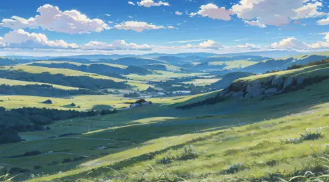 Grassland, pasture, blue sky, white clouds, meadow