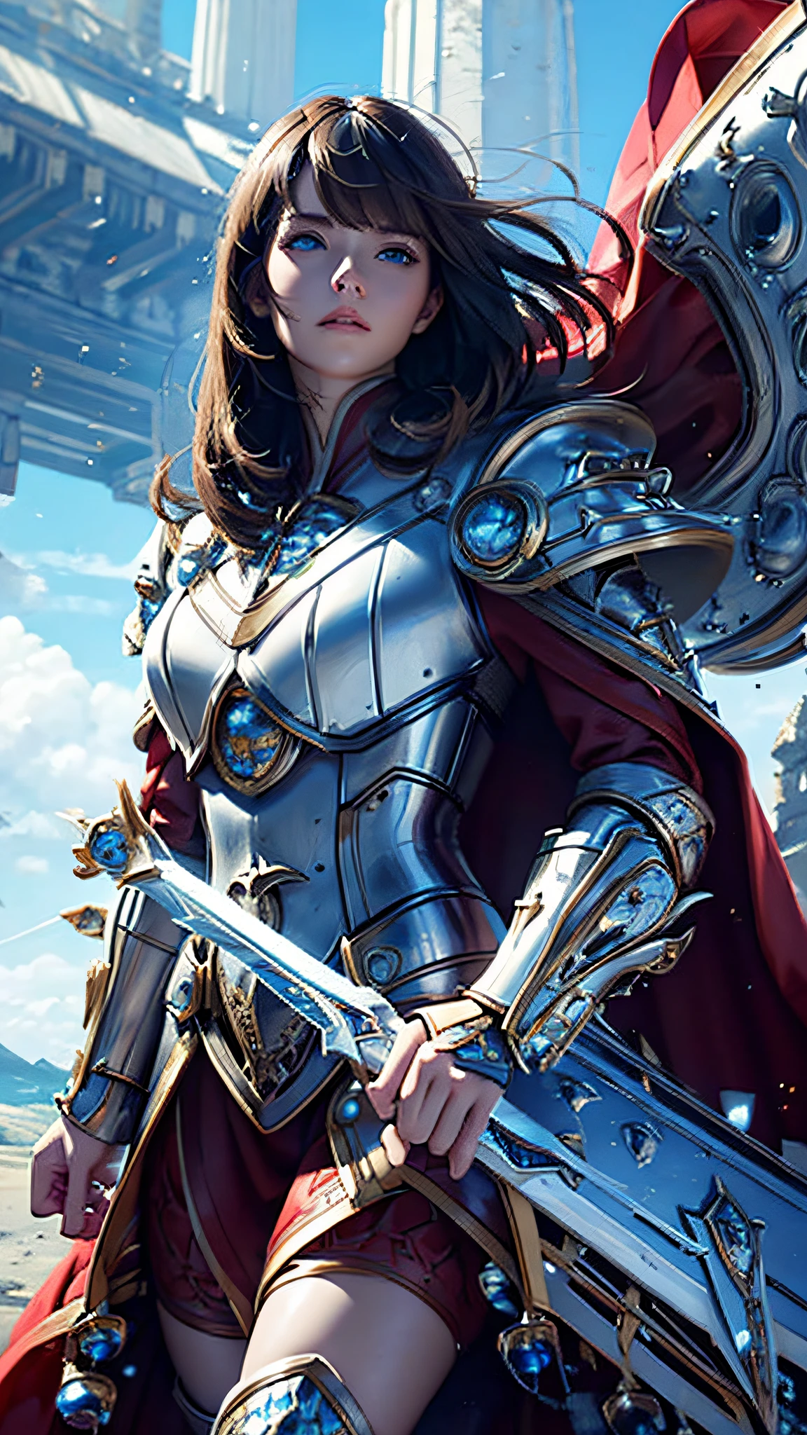 Official Art, Unity 8k Wallpaper, Ultra Detail, Masterpiece, Best Quality, One Woman, (Very Detail), Dynamic Angle, Mystical Expression, Fire Glowing Effect, Fantasy Background, Rim Lighting, Side Light, Cinematic Light, Ultra High Definition, 8k UHD, Film Grain,Best Shadow, Delicate, RAW, Light Particles, Detailed Skin Texture, Detailed Armor Texture,Cleavage, Detailed Face, intricate detail, ultra-detailed, bright, strong, white armor, holding a weapon, holding a shield, pole dron, (((brunette hair)), very shining blue eyes, long red cloak, fantasy, (realistic),