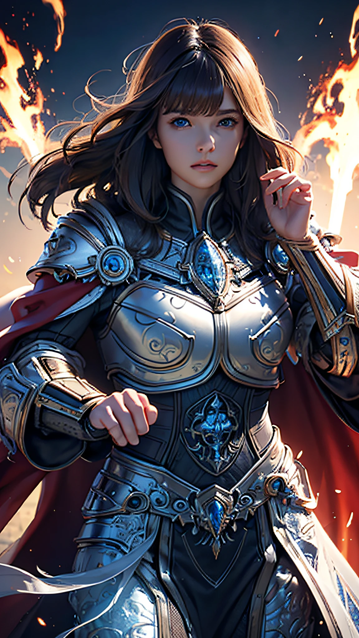 Official Art, Unity 8k Wallpaper, Ultra Detail, Masterpiece, Best Quality, One Woman, (Very Detail), Dynamic Angle, Mystical Expression, Fire Glowing Effect, Fantasy Background, Rim Lighting, Side Light, Cinematic Light, Ultra High Definition, 8k UHD, Film Grain,Best Shadow, Delicate, RAW, Light Particles, Detailed Skin Texture, Detailed Armor Texture,Cleavage, Detailed Face, intricate detail, ultra-detailed, bright, strong, white armor, holding a weapon, holding a shield, pole dron, (((brunette hair)), very shining blue eyes, long red cloak, fantasy, (realistic),