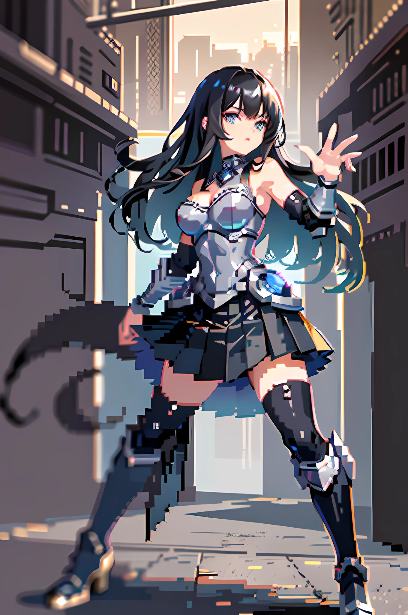 (masterpiece, top quality, best quality), pixel, pixel art, 1girl, full body, 1 woman in metallic sleeveless battle armor, black pleats skirt, black long straight hair with bangs, heroic, beautiful, cool, elegant, gorgeous, seductive,