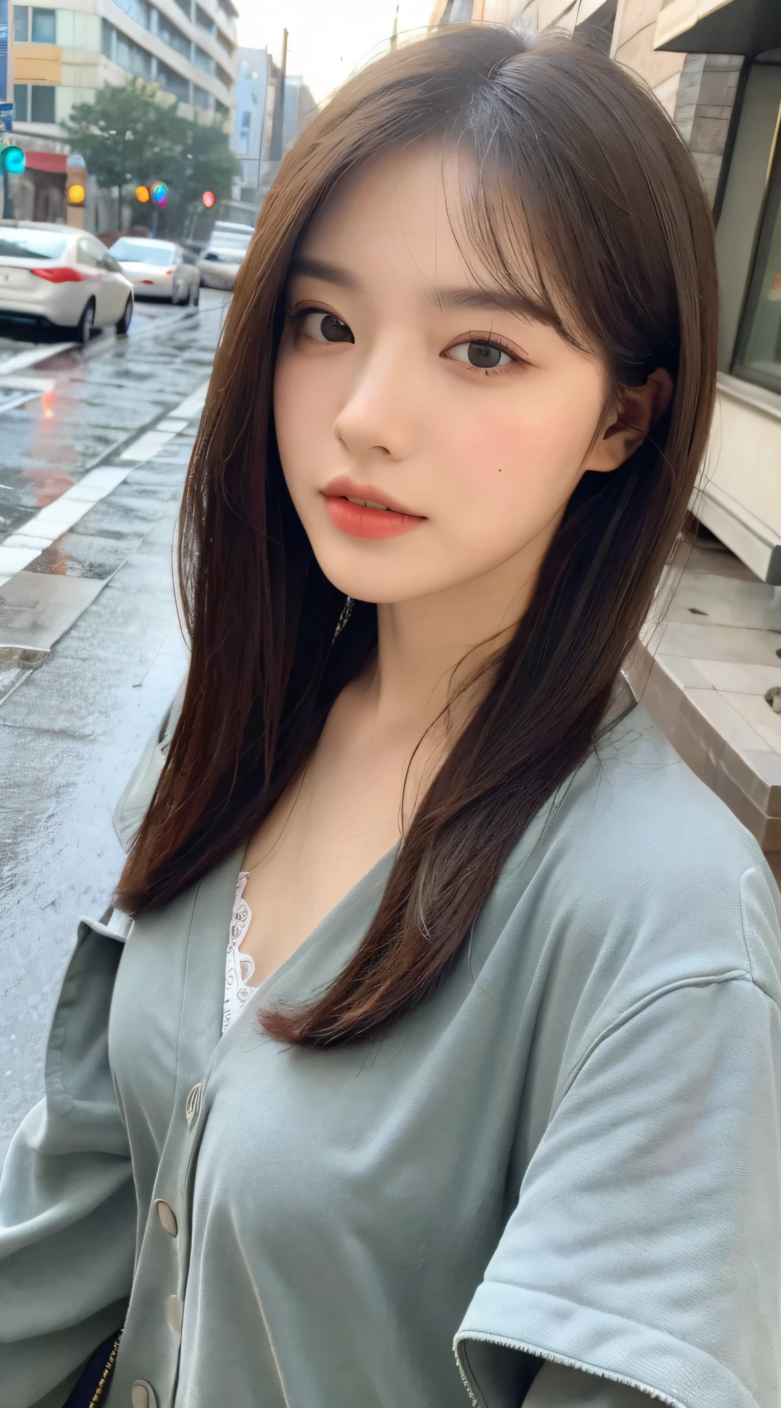 ((Best Quality, 8k, Masterpiece: 1.3)), Focus: 1.2, Perfect Body Beauty: 1.4, Buttocks: 1.2, (Layered Haircut: 1.2)), (Rain, Street:1.3), Highly detailed face and skin texture, Fine eyes, Double eyelids, Whitening skin, Long hair, (Round face: 1.5), sweet_lolita