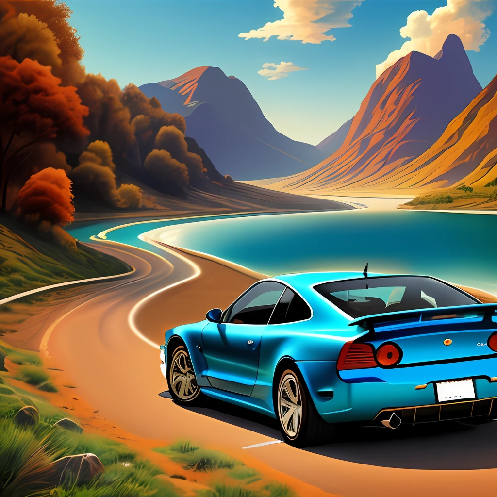 数字艺术汽车插图绘画, 油画风格, 青绿色和浅珍珠棕色, 32k 超高清, 蛇, 充满活力, 夸张的场景, 自然风景, 硬边绘画.