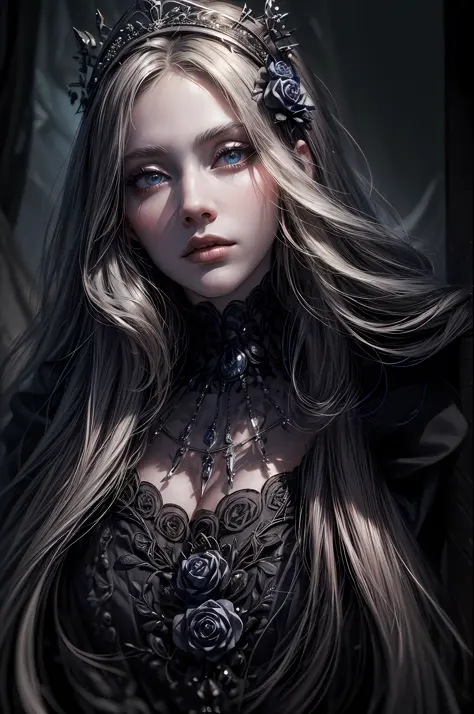 (masterpiece,best quality,realistic:1.37), (intricate and delicate, high detailed skin and face), beautiful queen in black dress suite, wraping in luxurious dark hooded robes, dark roses and skull adorn her cloth, (tiara,roses,skull ornamental,black,dark),...