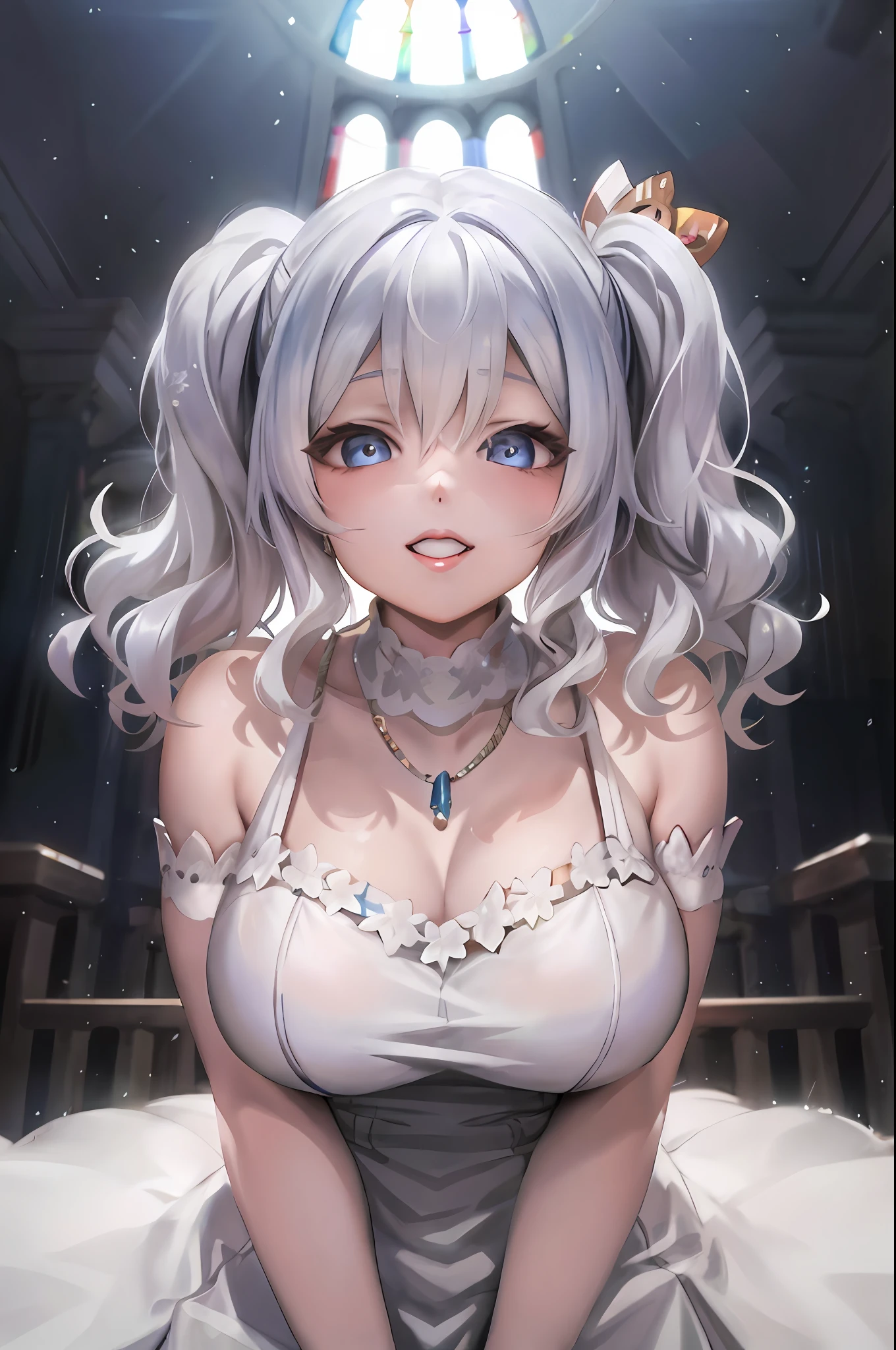 anime girl with white hair and blue eyes sitting in a church, white haired deity, anime moe artstyle, ahegao, 8k high quality detailed art, seductive anime girl, detailed digital anime art, loli in dress, [ 4 k digital art ]!!, guweiz on pixiv artstation, small curvy loli, ahegao face