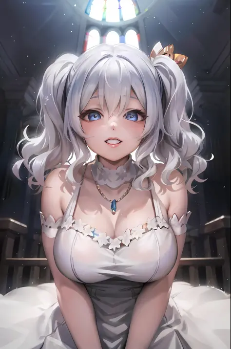 anime girl with white hair and blue eyes sitting in a church, white haired deity, anime moe artstyle, ahegao, 8k high quality de...