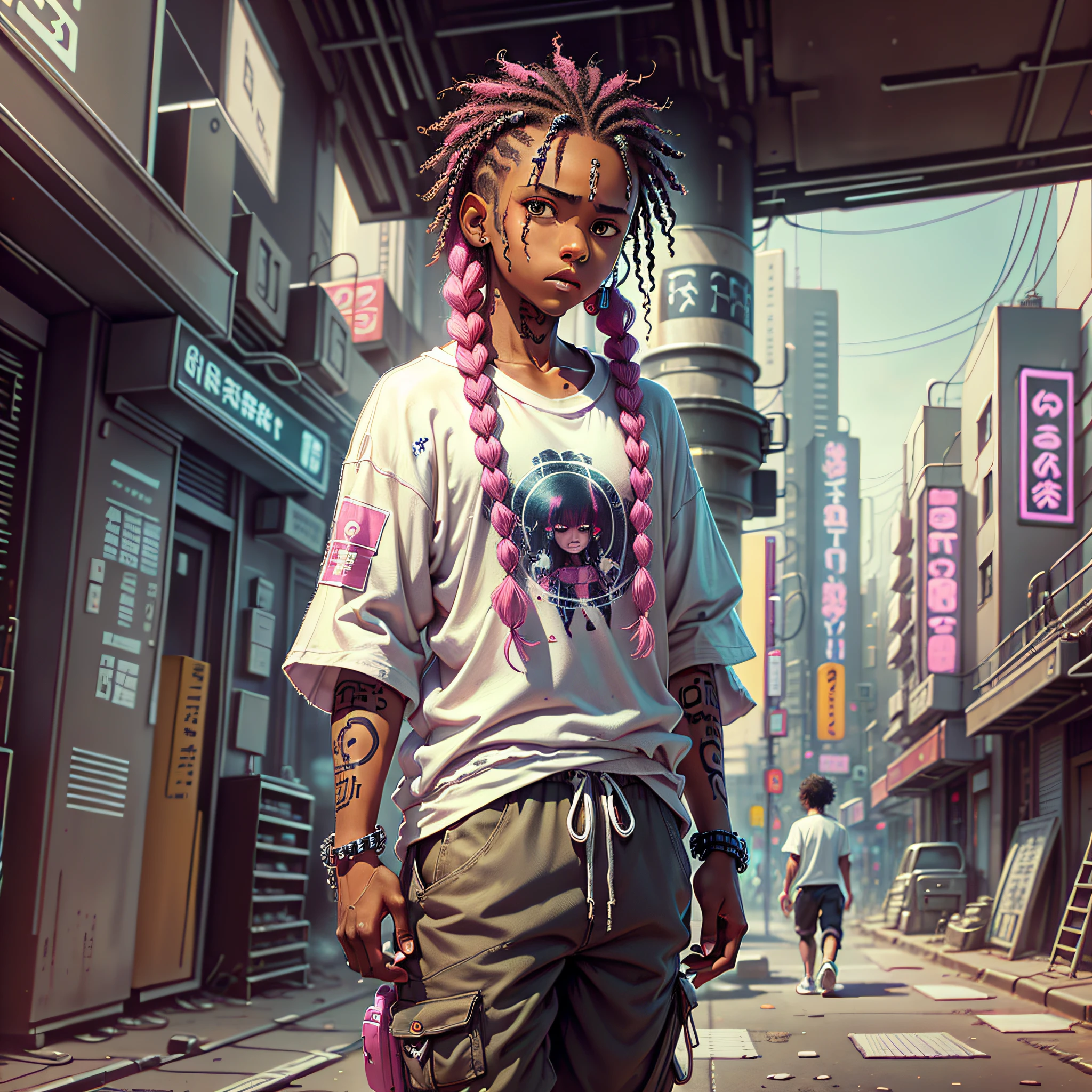 brown-skinned boy, nagô braid hair, eyes pulled, tattoos on arm, white oversized t-shirt, white cargo pants, shock pink sneakers, Japanese drawing style strokes, destroyed city, cyberpunk scenery and style, dark energy coming out through the arms --auto --s2