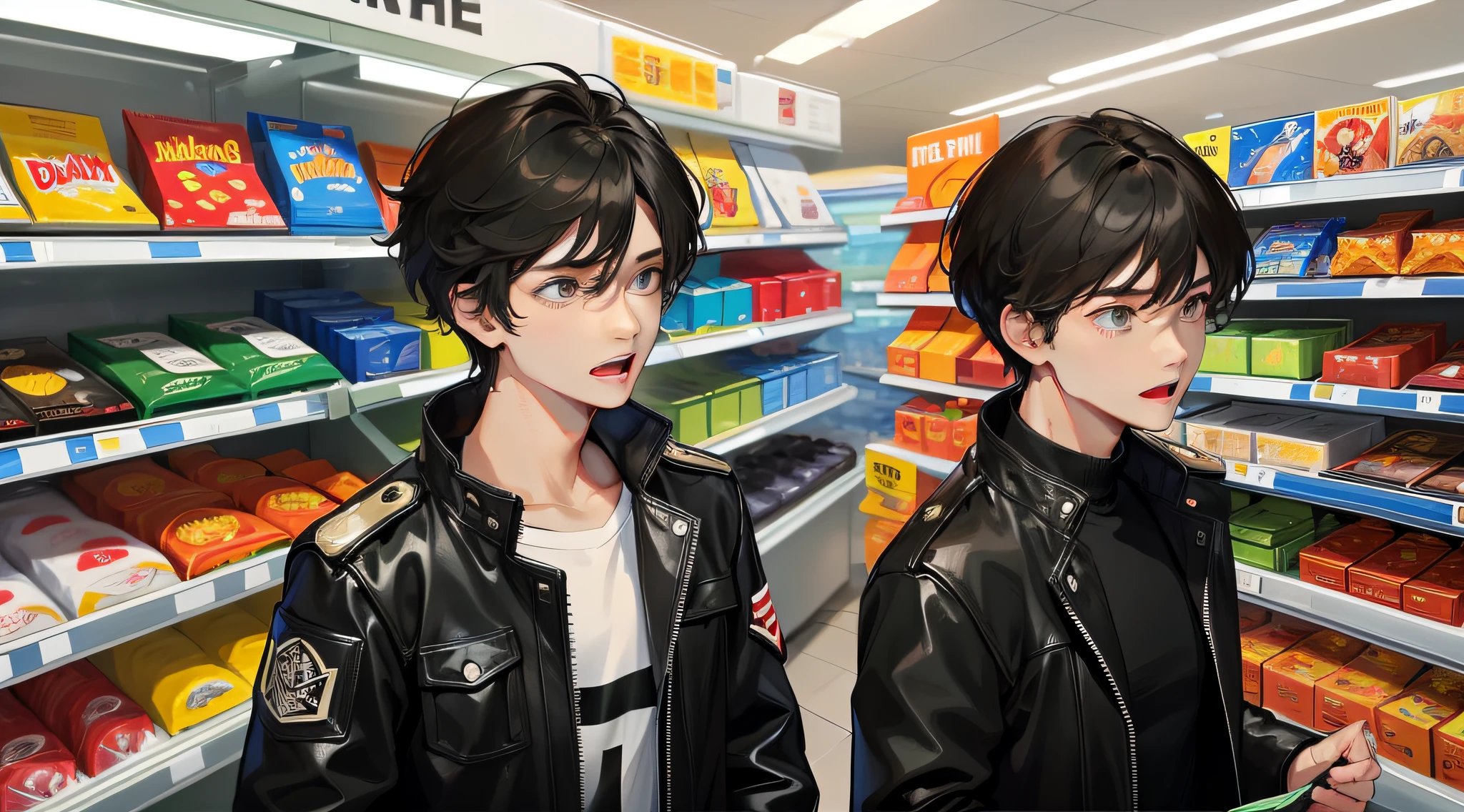 Anime boy and girl in a grocery store with a grocery cart - SeaArt AI