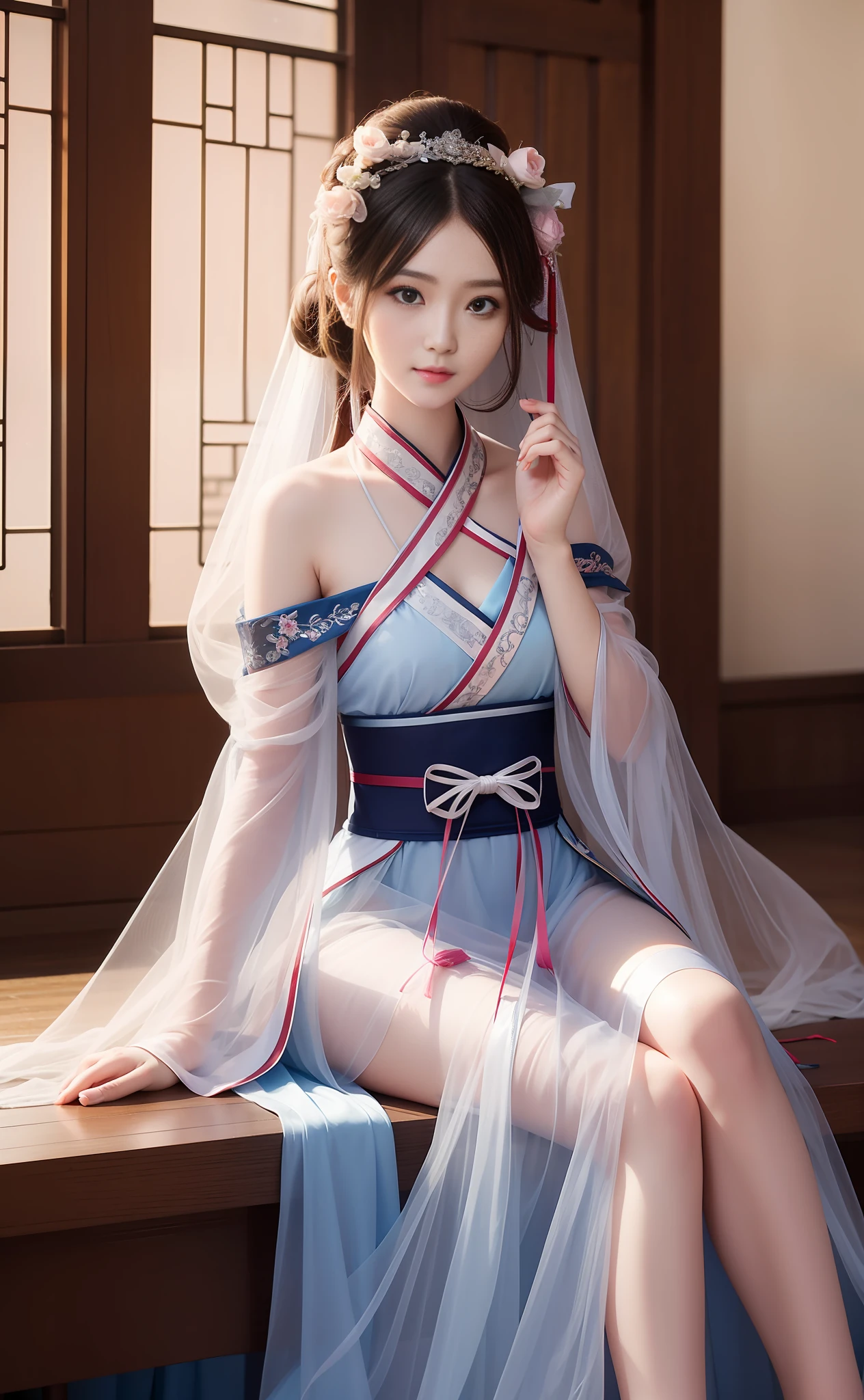 1 girl, beautiful, best quality, full body, sitting tabletop, tulle, sheer hanfu, bright tone, realistic, HD, clear face, sitting sideways, leg line