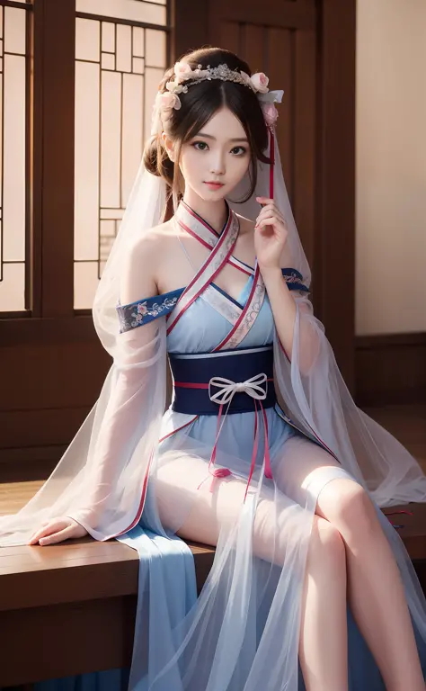 1 girl, beautiful, best quality, full body, sitting tabletop, tulle, sheer hanfu, bright tone, realistic, HD, clear face, sittin...