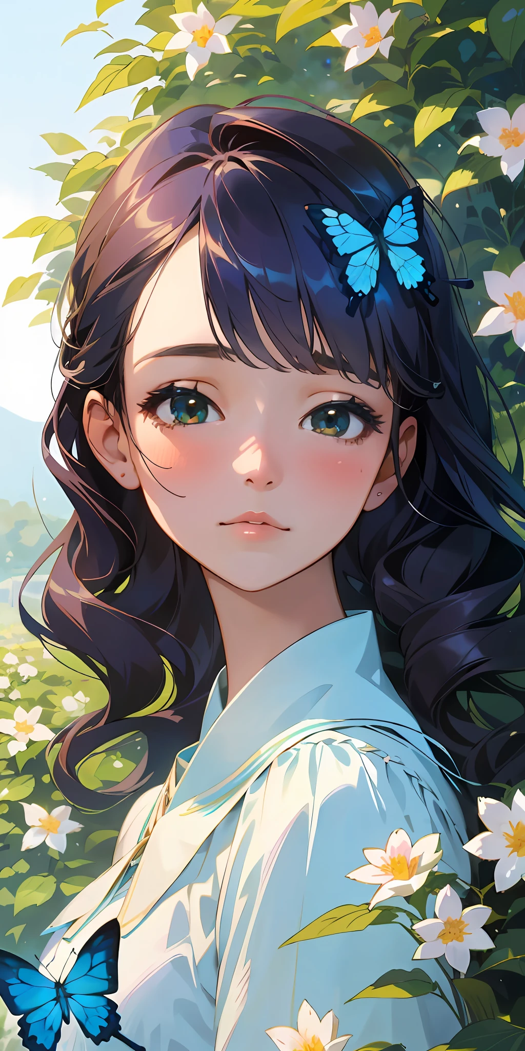 (Calidad superior, Obra maestra, súper realista), Retrato de una hermosa y delicada niña con una expresión suave y triste, El paisaje en el fondo es un jardín con arbustos en flor y mariposas volando en tonos azules.